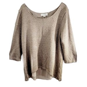 Simply Noelle Round‎ Neck Sequin Blend Beige Open Sheer Back Blouse Size L/XL